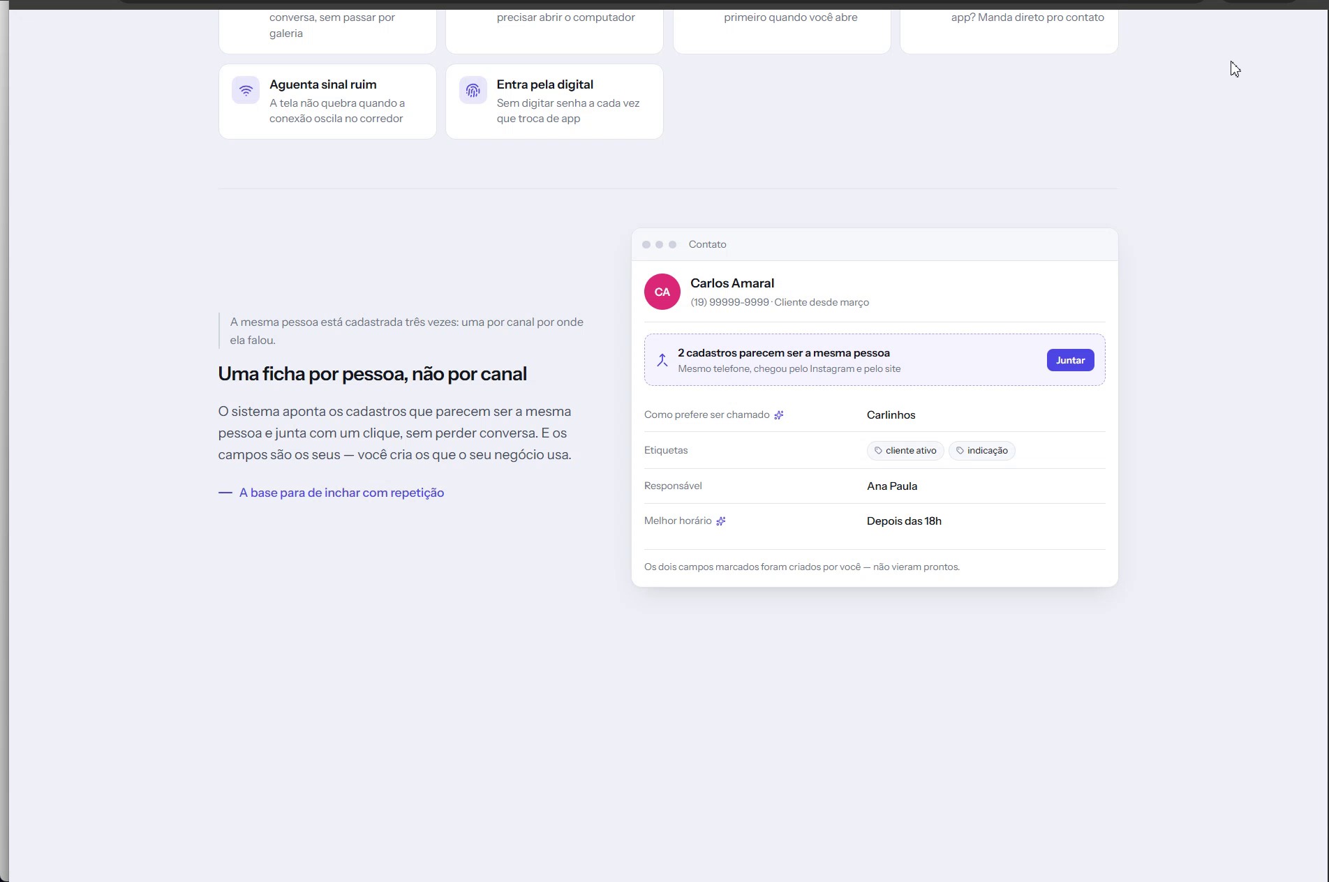 Preview de uma apresentação publicada mostrando card de contato e conteúdo comercial personalizado