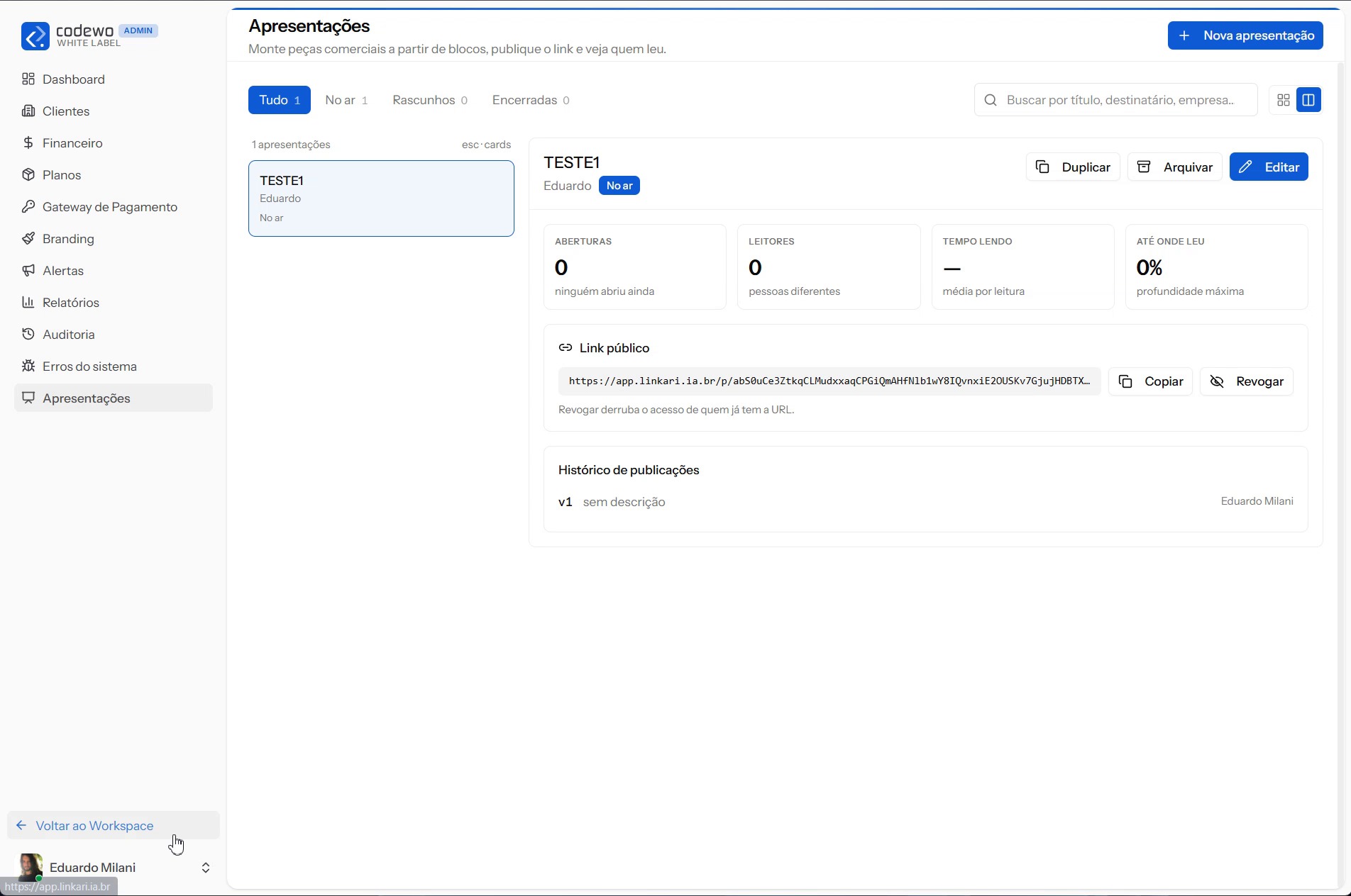 Painel admin da feature de Apresentações com métricas de leitura e link público gerado