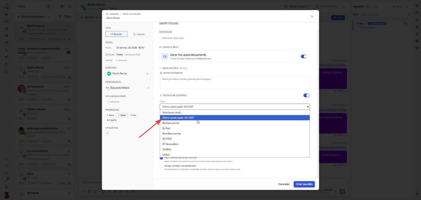 Tela real da Linkari · workspace com inbox lateral, modal de criação de reunião com Google Meet e painel de agenda do dia